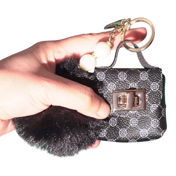 Unbranded Accessories - Mini Bag Keychain Charm Coin Purse Black Gray Monogram Gold Hardware Pearls NWT